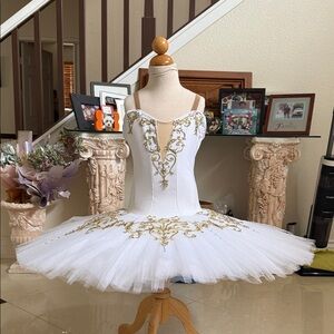 Elegant White and Gold Kids Ballet Costume